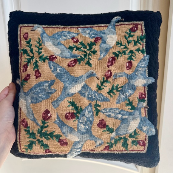 Vintage Needlepoint “Birds In Flight” Throw Pillow 15x15 Persian Wool Blue Bird - Picture 1 of 5